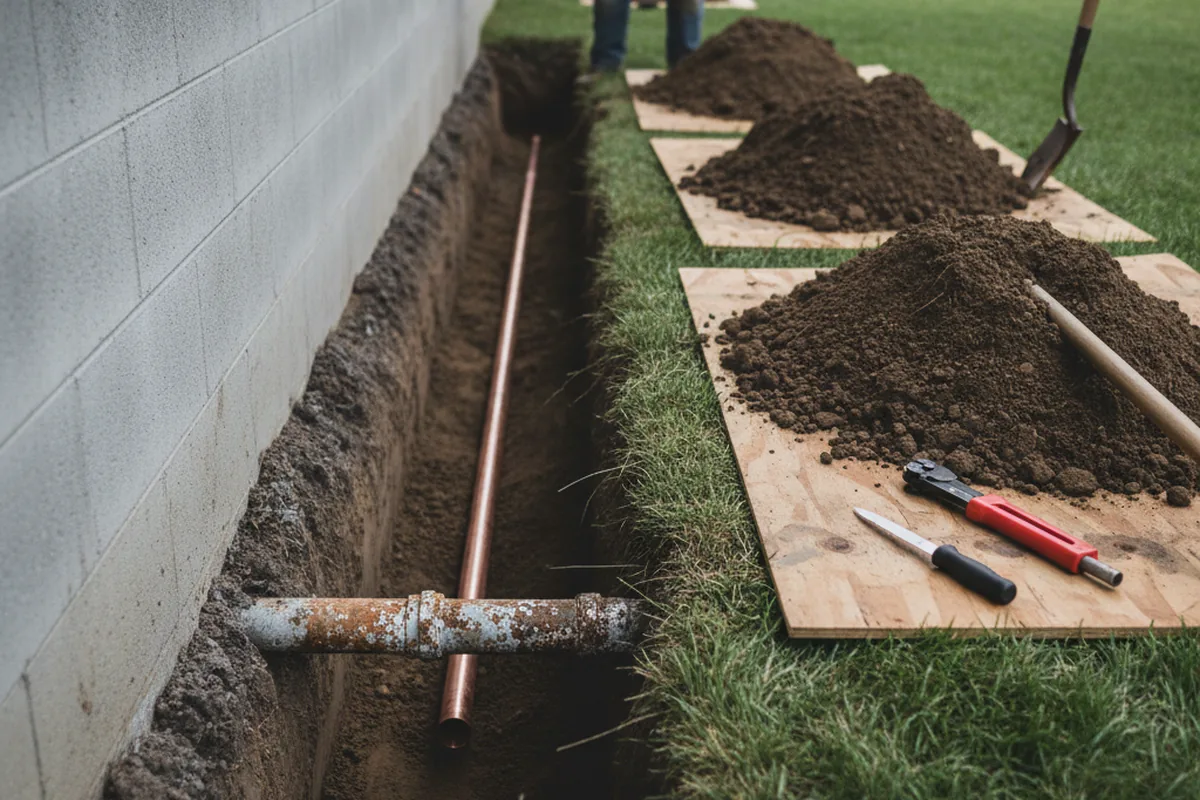 Excavated water line trench during Water Softener Installation in Puryear